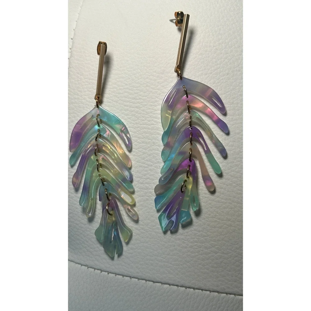 Iridescent Leaf Dangle Earrings Resin Pastel Statement Festival Boho